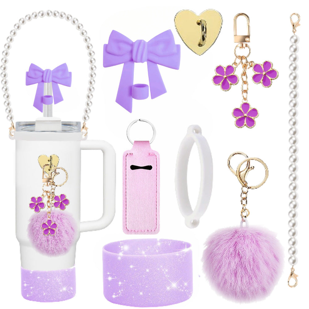 Wholesale mug accessories portable chain bow straw decorative silicone cup set cup chain flower pendant