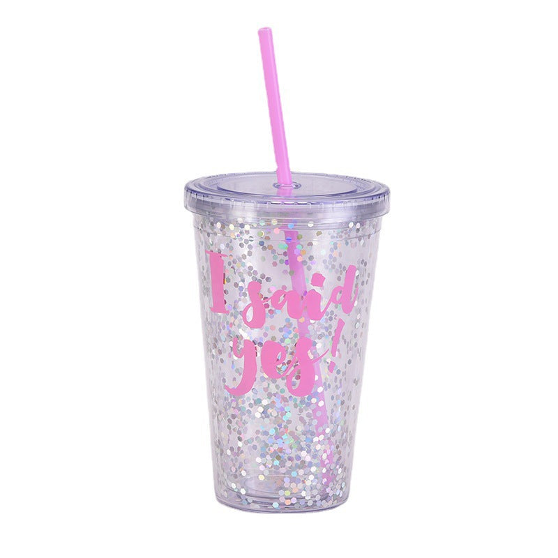 Wholesale  Water Cup 16oz Double Layer Plastic Suction Tube Cup Transparent Simple Sequin Plastic Cup
