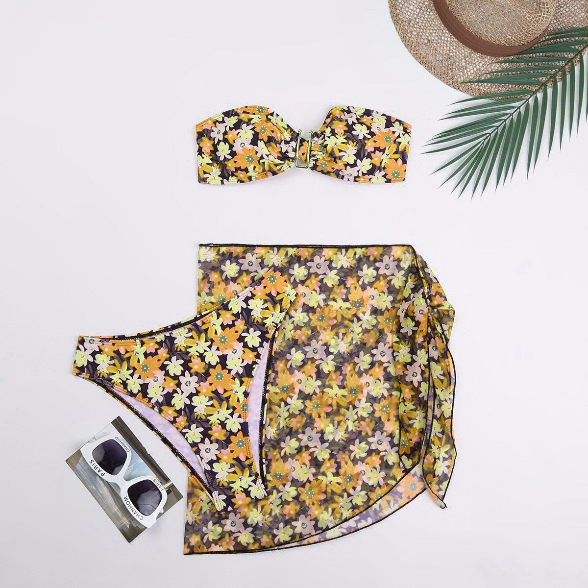 Wholesale Metal U-Shaped Three-Piece Printed Swimsuit