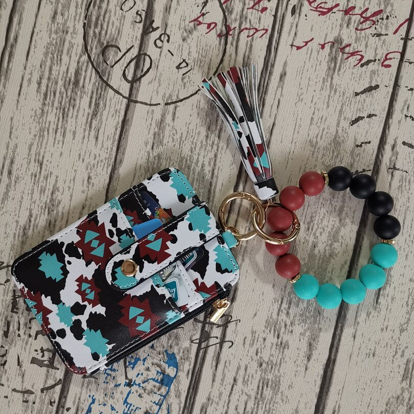 Wholesale Leopard Print Cow Print Western Style Card Holder Silicone Beaded Wrist Keychain