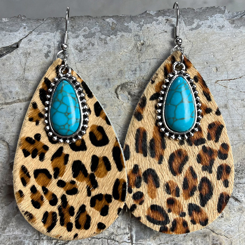 Wholesale Western Teardrop Turquoise Vintage Cow Pattern Leopard Print Earrings