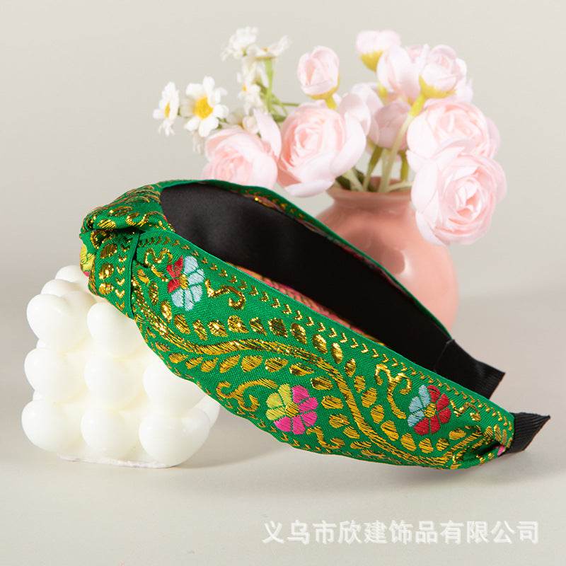 Wholesale Gold Thread Embroidered Retro Knot with Teeth Anti Slip Headband