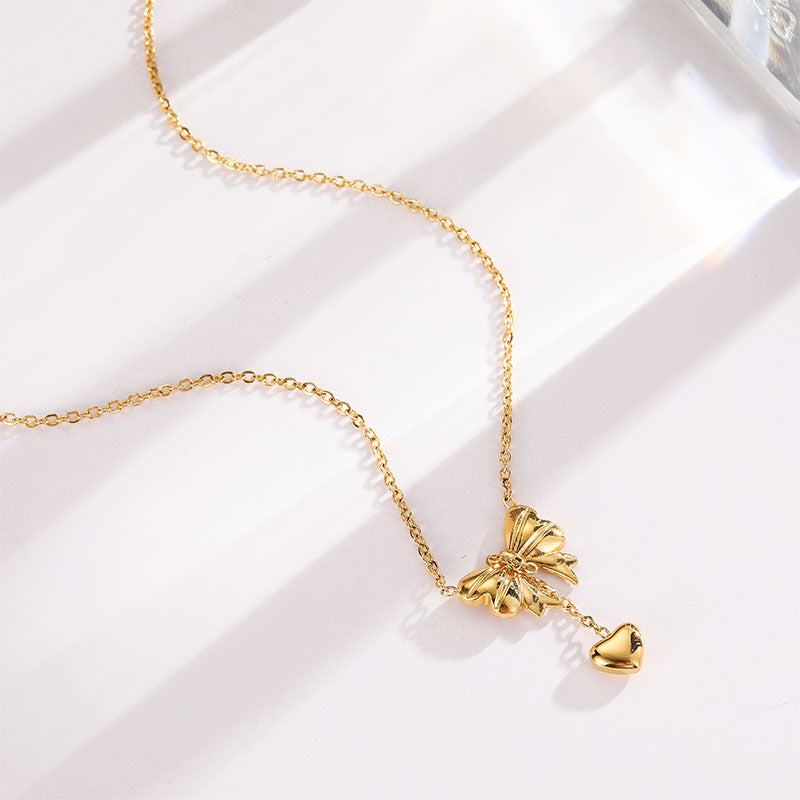 Wholesale Bow Heart Tassel Titanium Steel Necklace