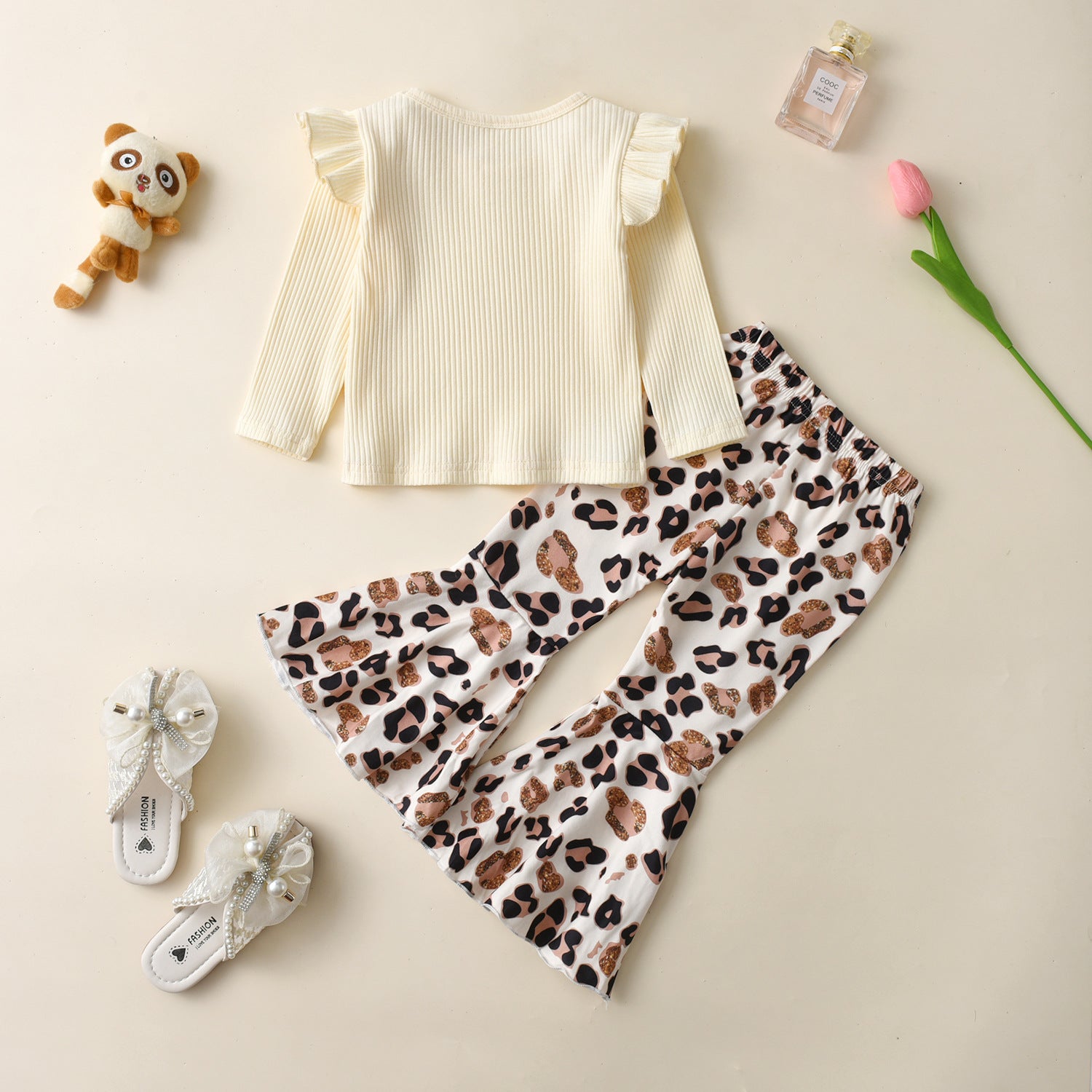 Wholesale Cotton Children's Tops Leopard Print Flared Pants Set