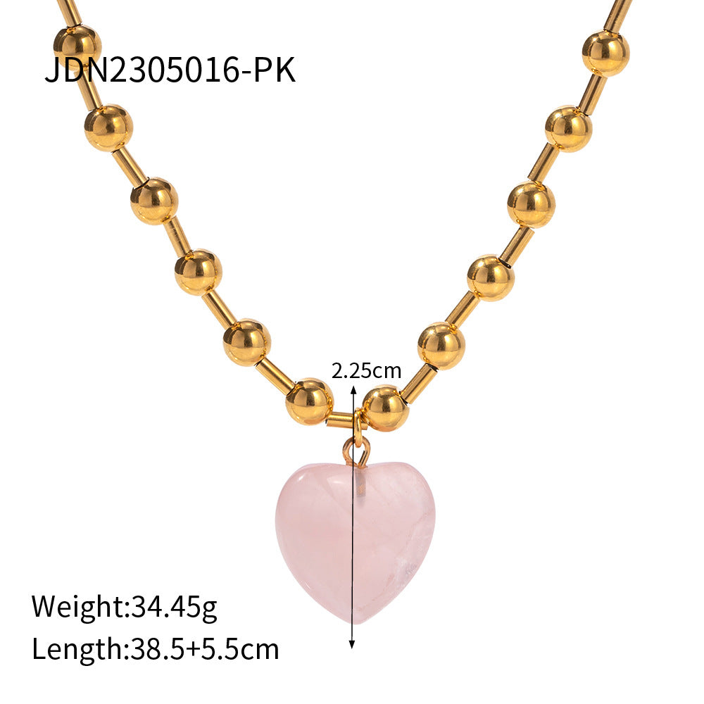 Wholesale Titanium Steel Round Bead Transparent Heart Pendant Necklace