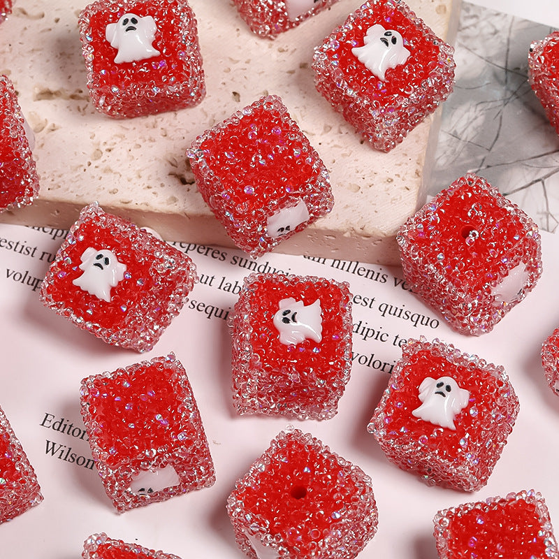 Wholesale 5pcs/pack Rhinestone Halloween Pumpkin Skull Square Sugar Beads