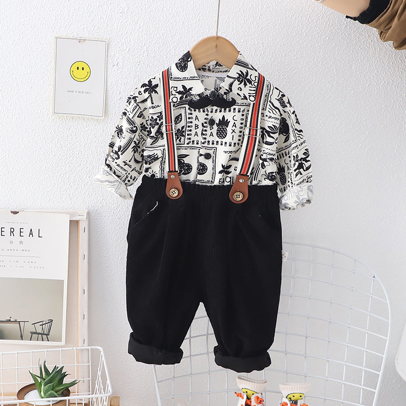 Wholesale Children's Cotton Casual Long Sleeved Shirt and Suspender Two-piece Set