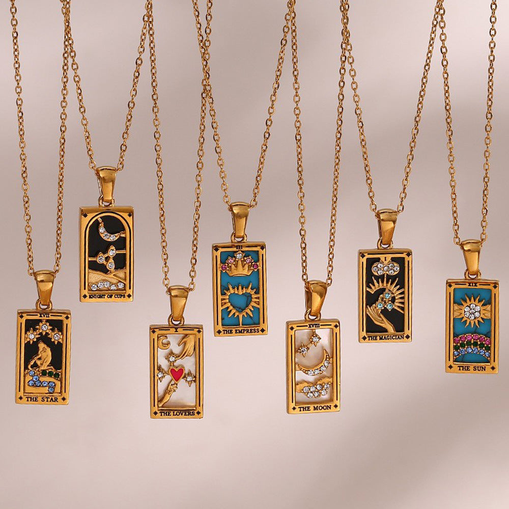 Wholesale Pendant jewelry stainless steel rectangular oil drop zircon tarot necklace