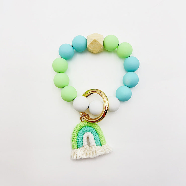 Wholesale Candy Color Silicone Beaded Rainbow Handwoven Tassel Wrist Keychain