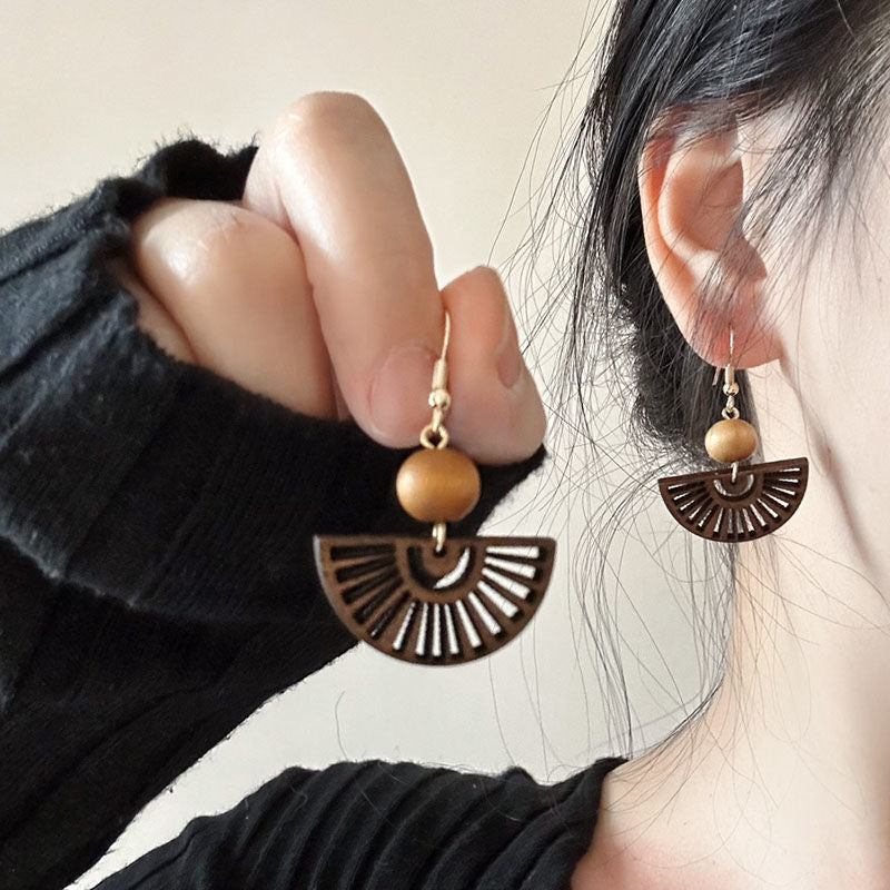 Wholesale New Chinese style wooden fan tassel earrings