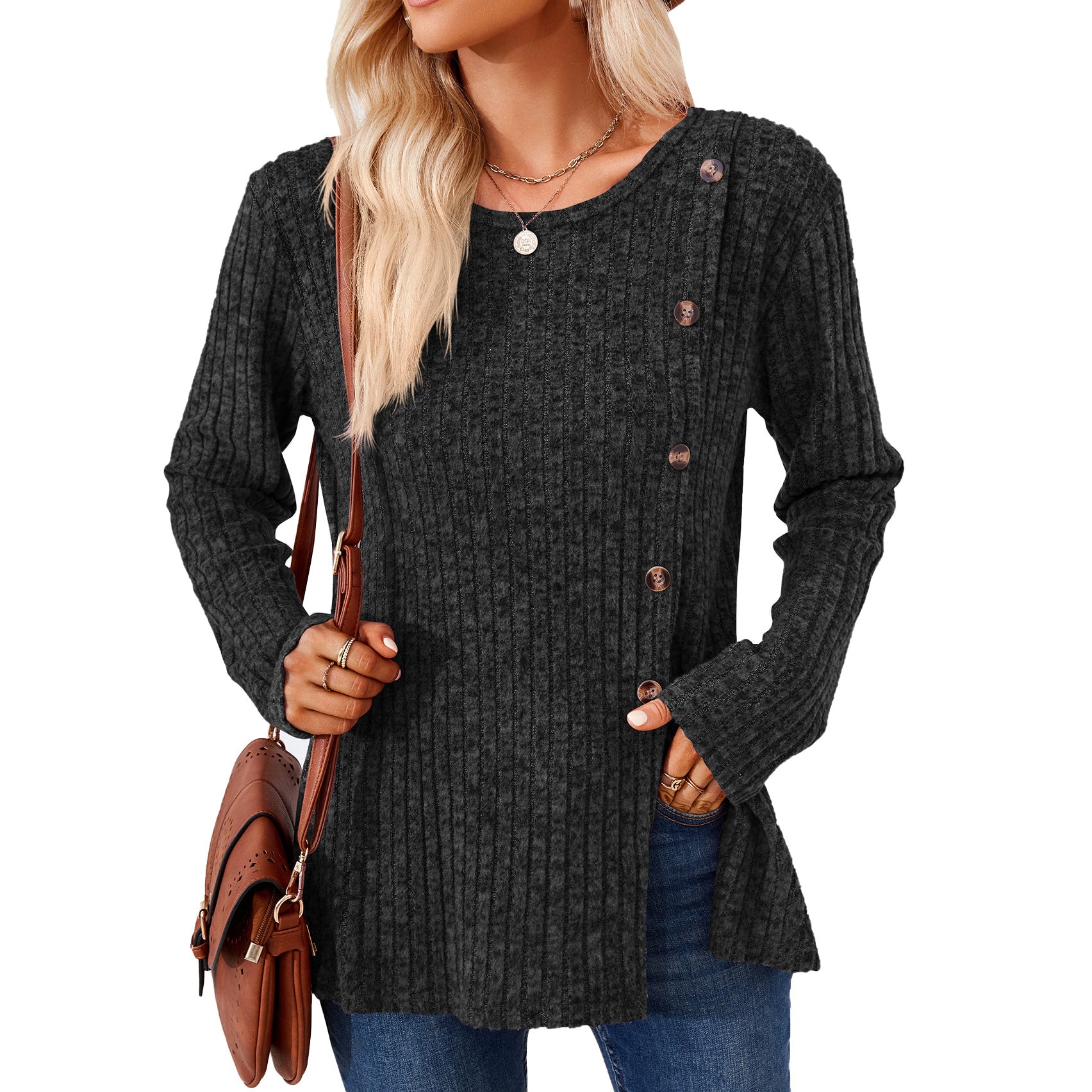 Wholesale Autumn and Winter Round Neck Solid Color Patchwork Button Long Sleeve Loose T-shirt