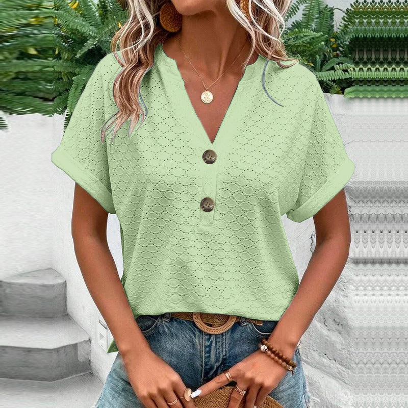 Wholesale spring and summer women's fashion casual solid color button V-neck T-shirt