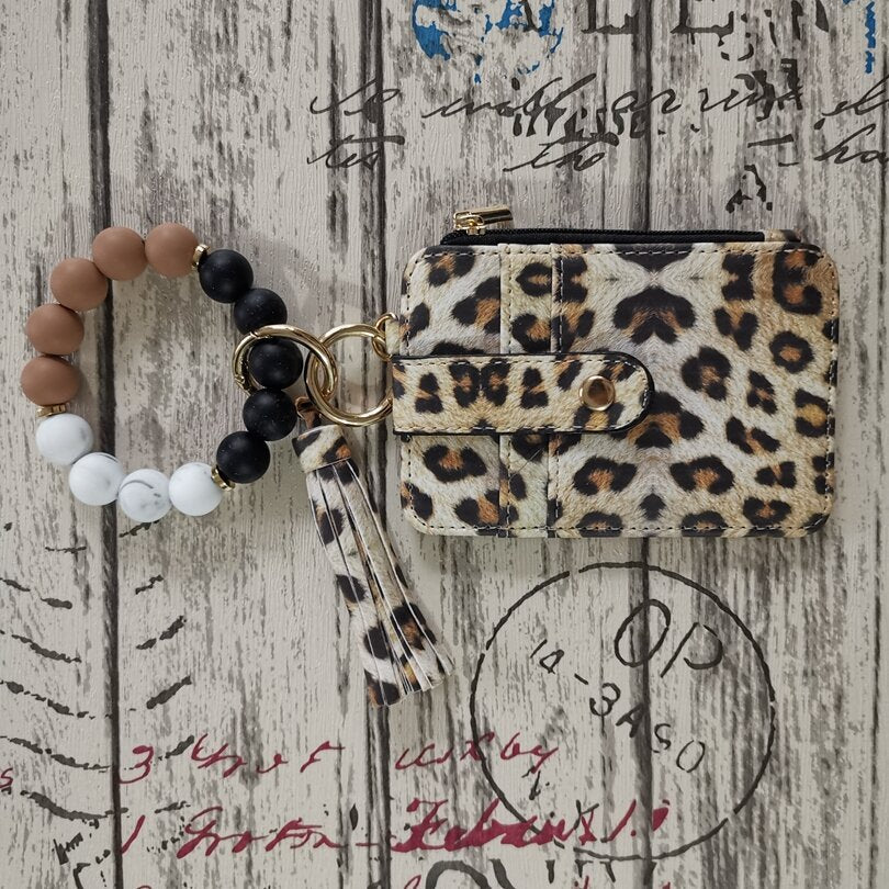 Wholesale Leopard Print Cow Print Western Style Card Holder Silicone Beaded Wrist Keychain