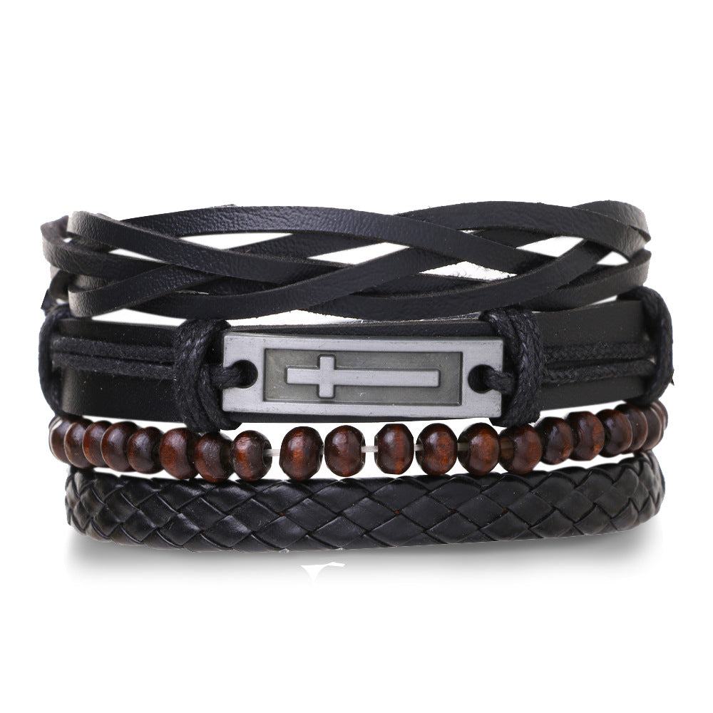Wholesale Vintage Beads Men's Hollow Triangle Leather Bracelet