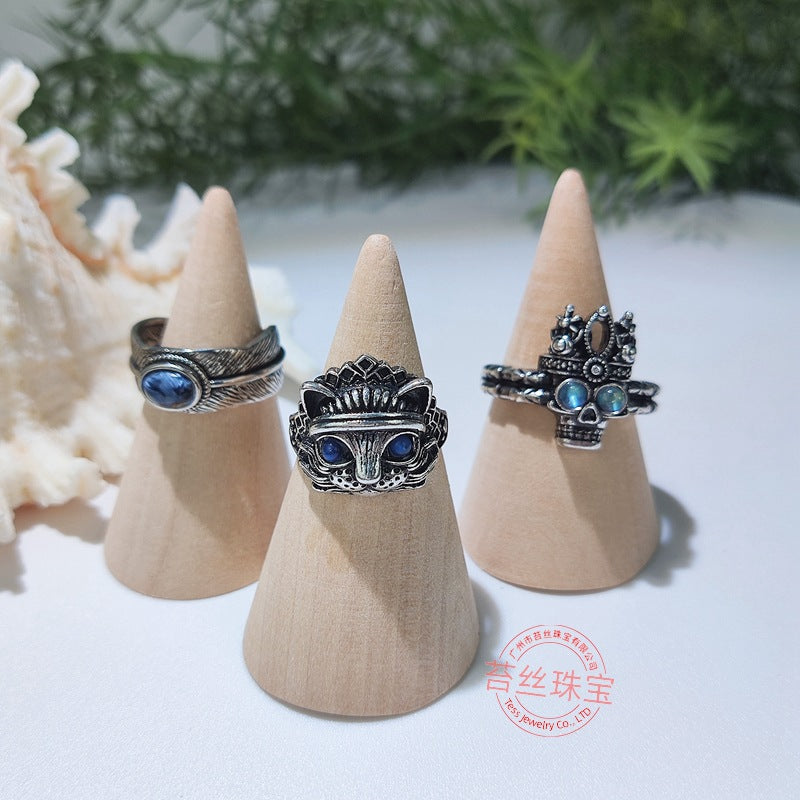 Wholesale Blue Crystal Cat Skull Adjustable Finger Ring