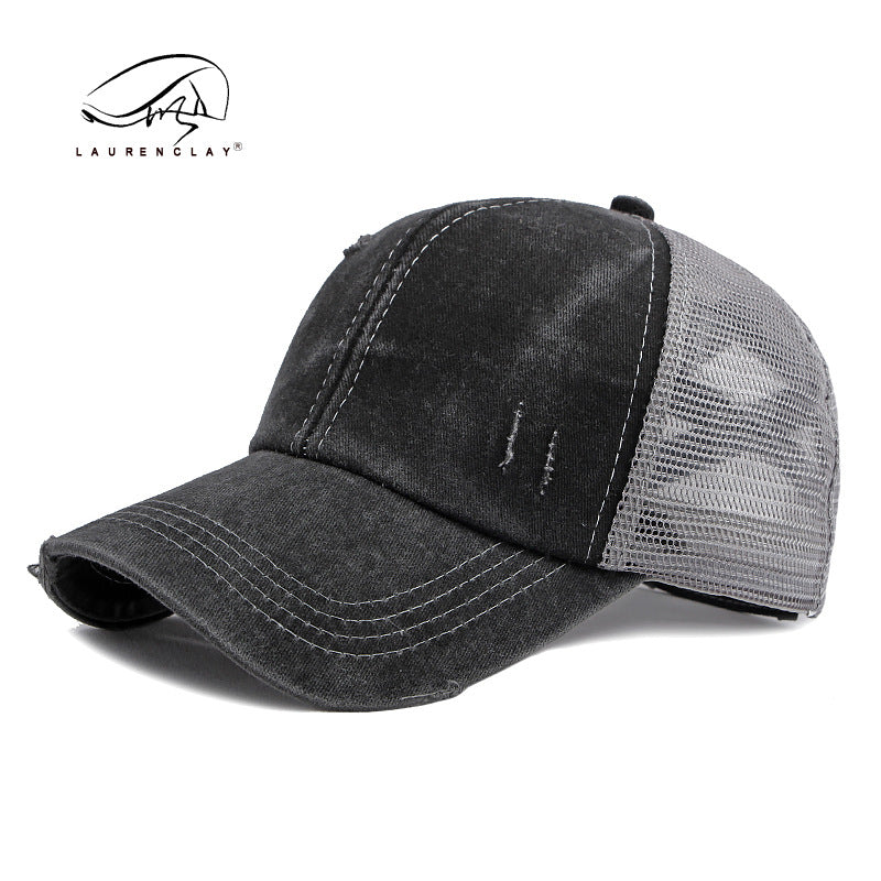 Wholesale Breathable Mesh Washed Distressed Crossover Ponytail Baseball Cap