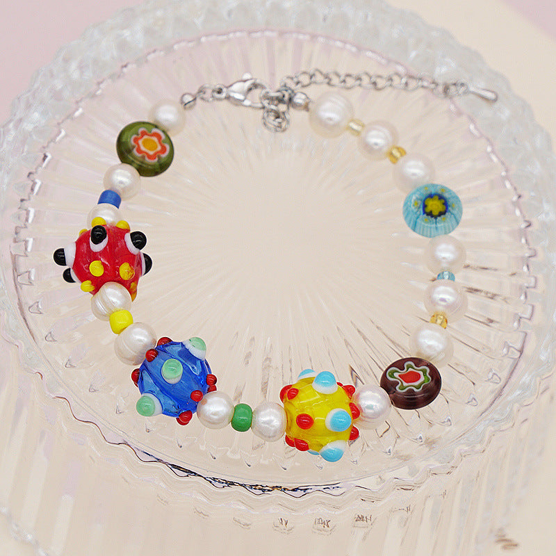Wholesale Dopamine Candy Cube Freshwater Pearl Stitching Thousand Flower Glass Beads Bracelet