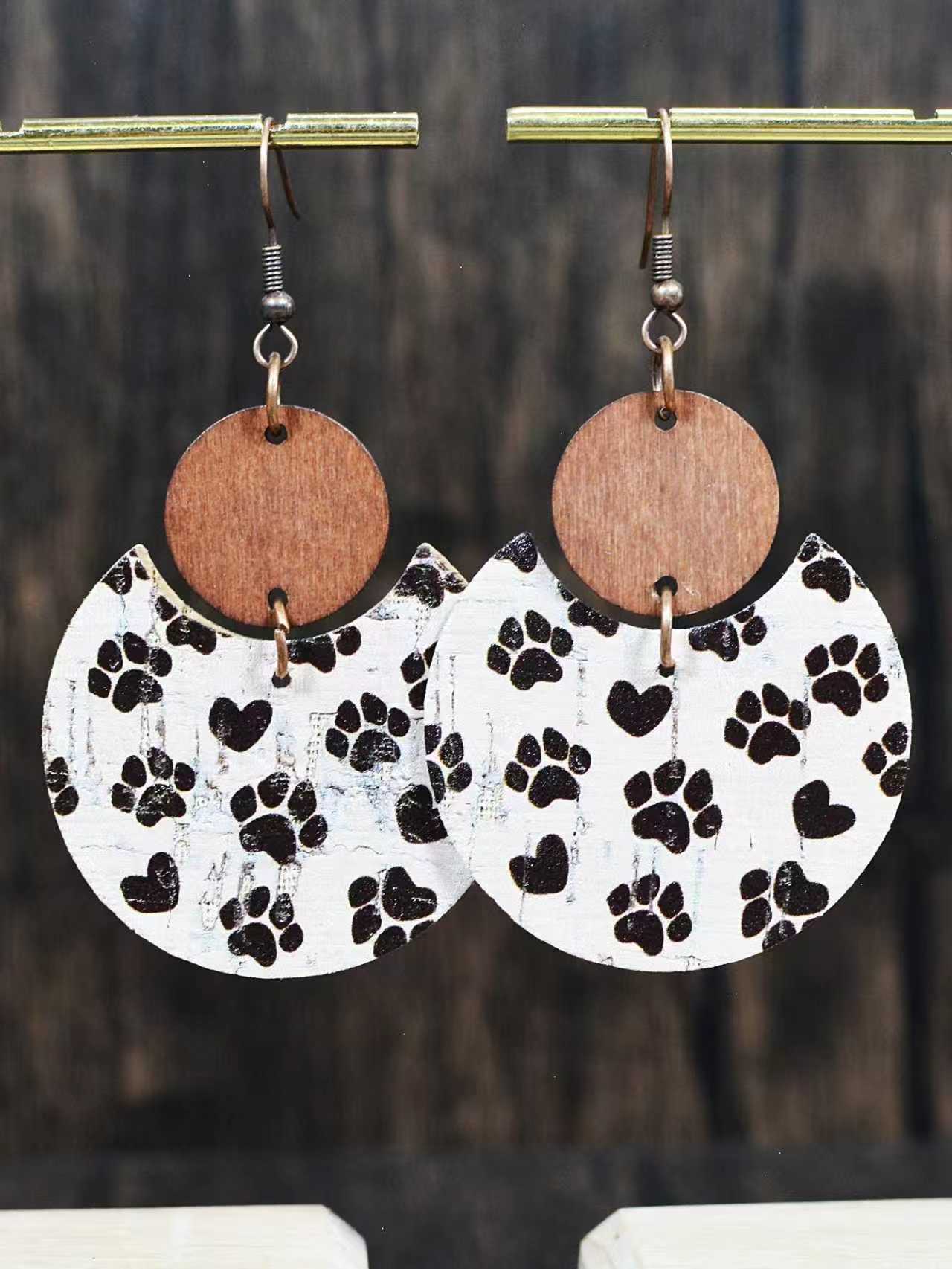 Wholesale Cork and leather dog paw crescent earrings