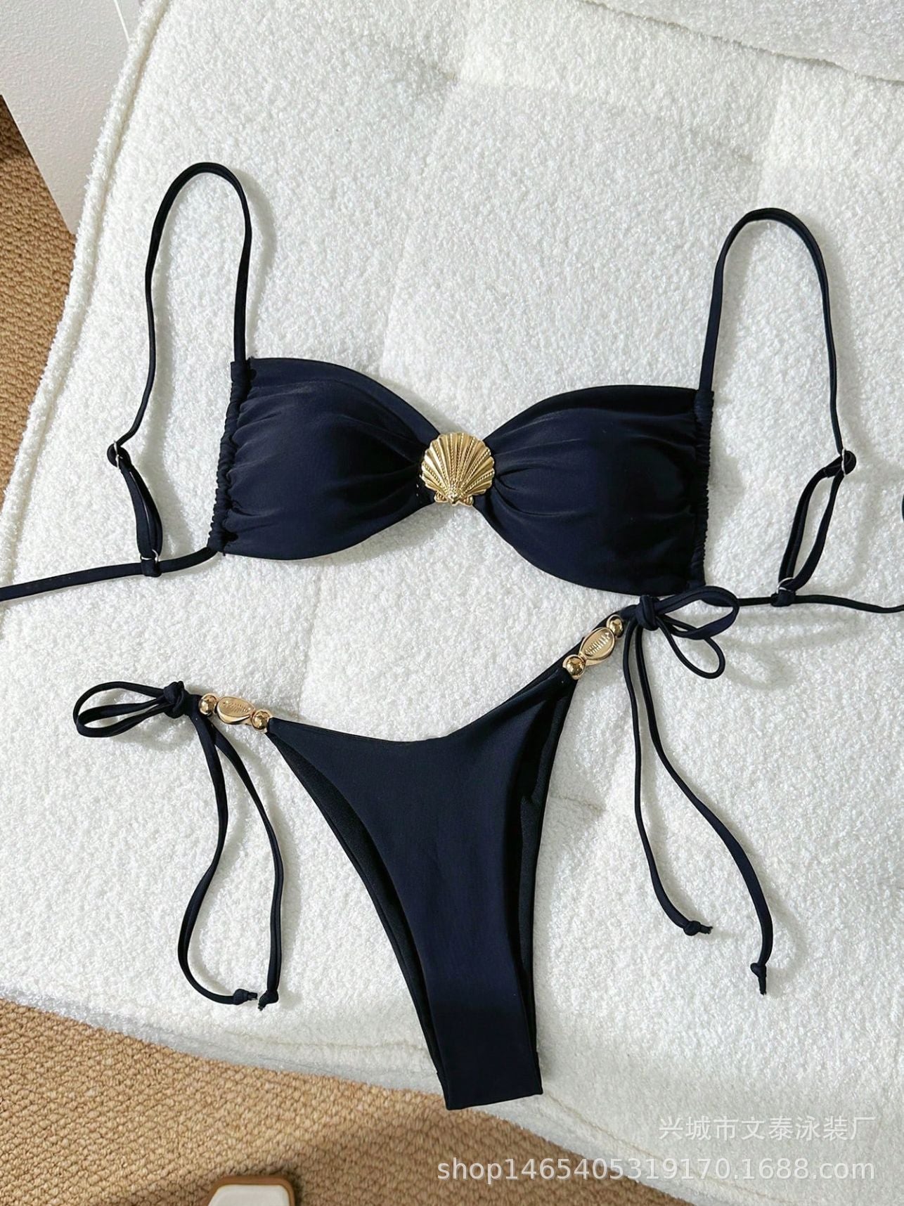 Wholesale Two-piece shell drawstring solid color swimsuit