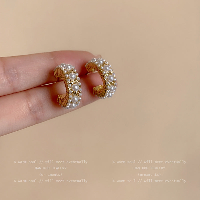 Wholesale French Style Vintage C Shape Pearl Alloy Earrings