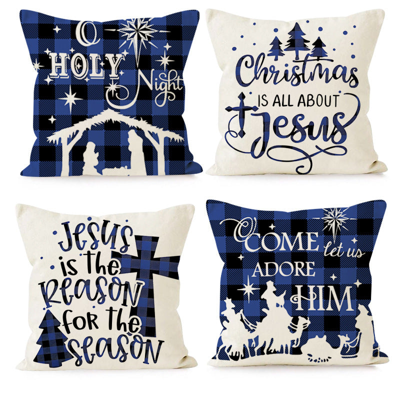 Wholesale Christmas Linen Plaided Letter Christmas Tree Print Pillowcase
