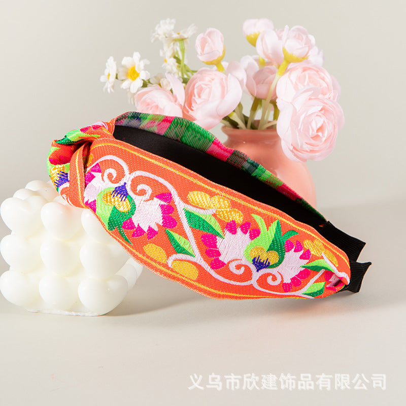 Wholesale Gold Thread Embroidered Retro Knot with Teeth Anti Slip Headband