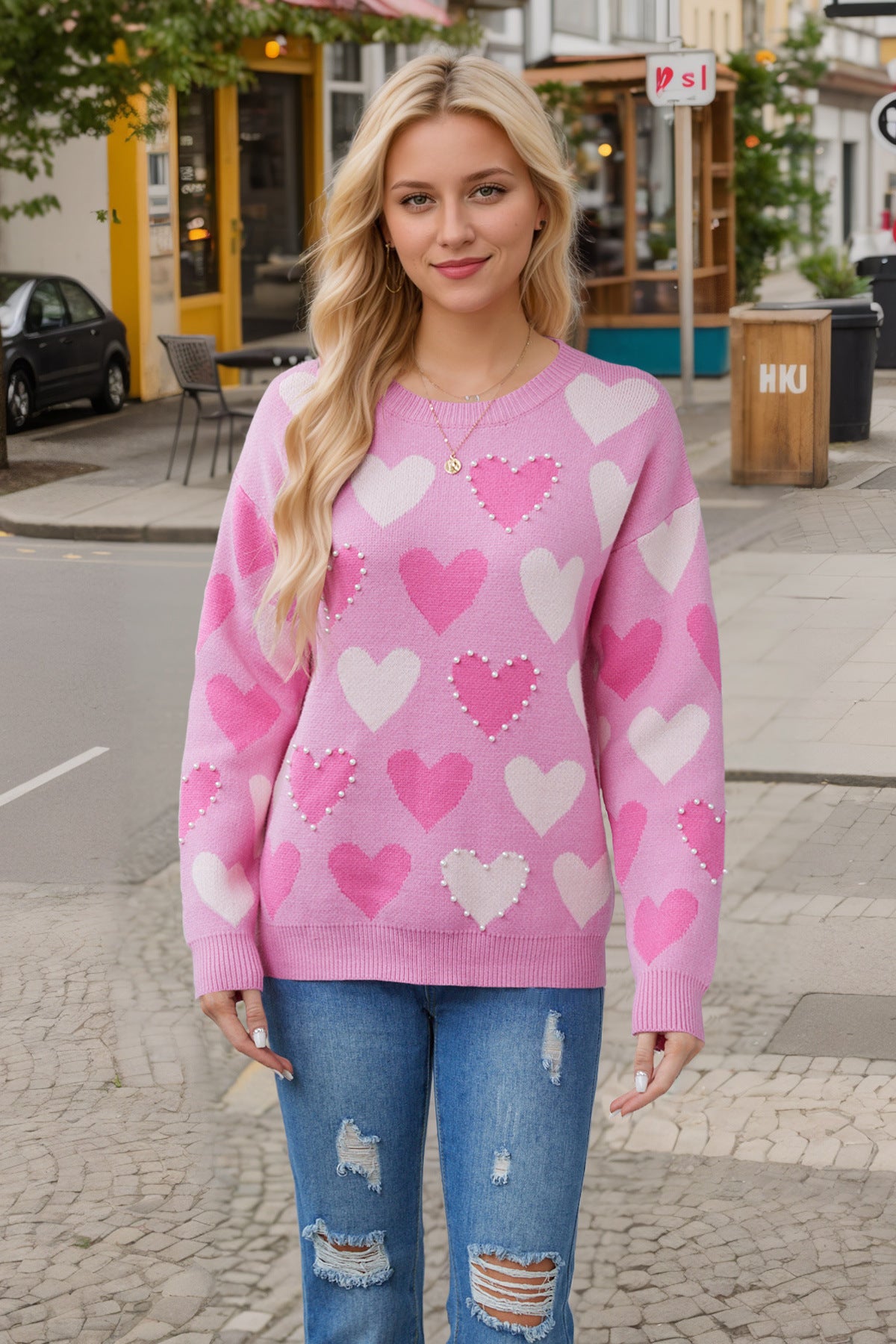 Wholesale Valentine's Day Round Neck Handmade Beaded Peach Heart Pullover Sweater
