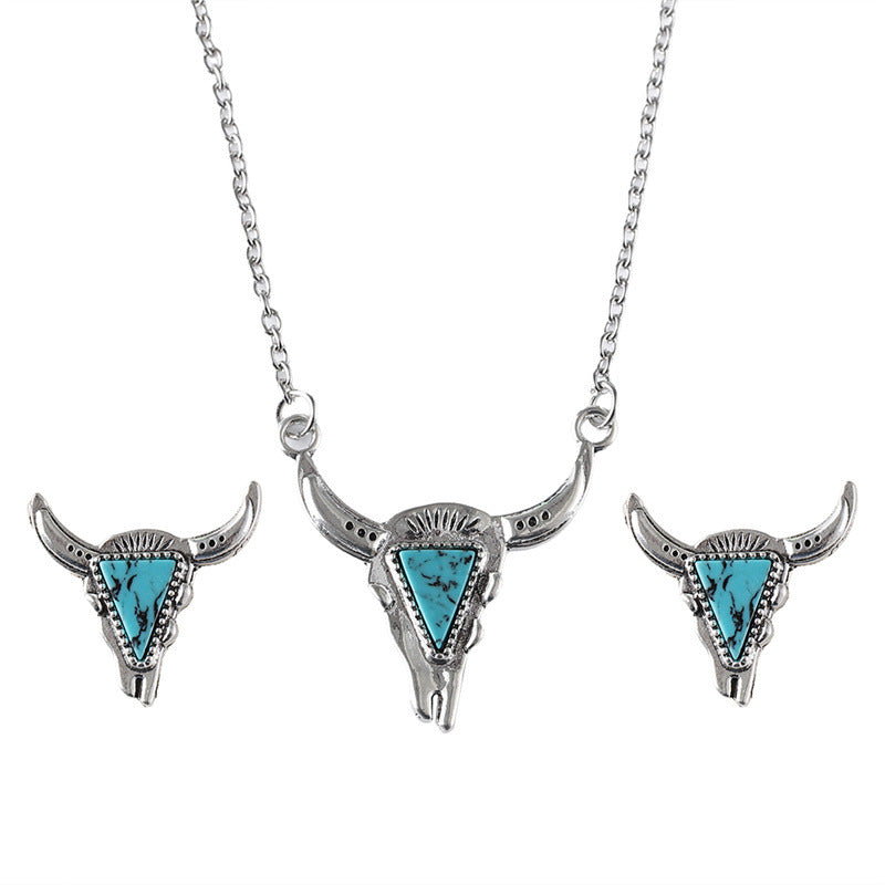 Wholesale Western Cowboy Style Bull Head Triangle Turquoise Earrings Necklace Set Fashion Retro Personality Necklaces