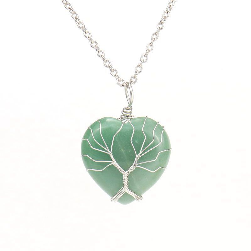 Wholesale Silver Hand-wound Heart Natural Stone Rose Quartz Tree of Life Necklace