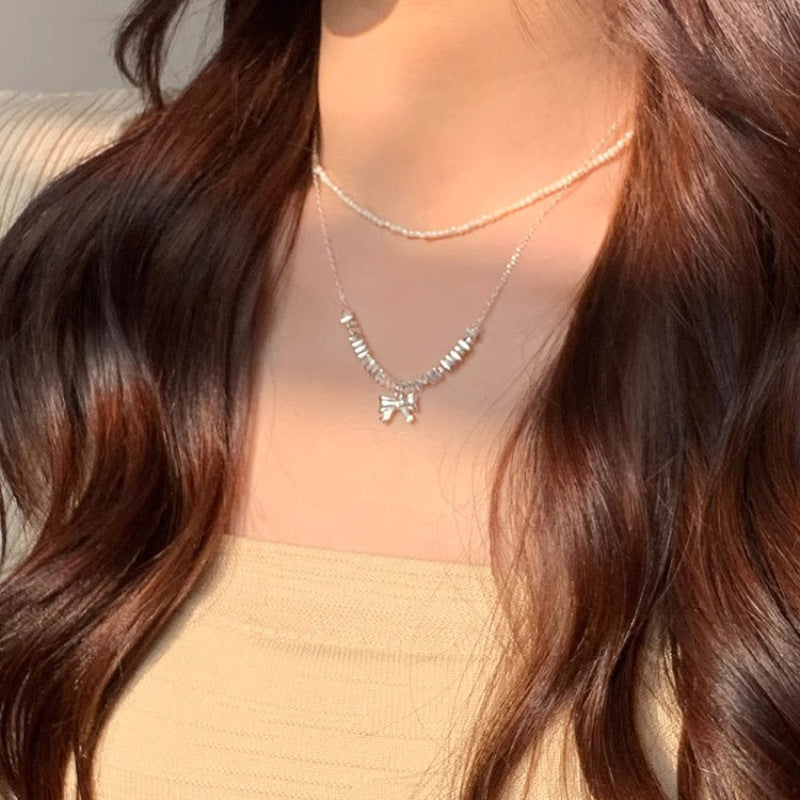 Wholesale broken silver bow necklace sweater chain copper necklace