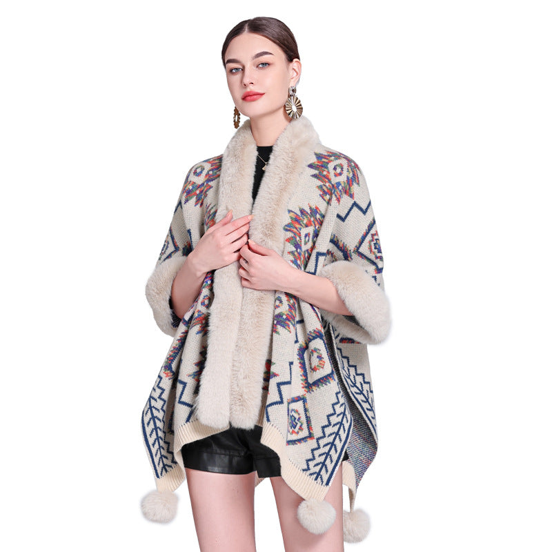 Wholesale Western Style Aztec Fur Ball Shawl Polyester Silk Cape Cape Cardigan Jacket