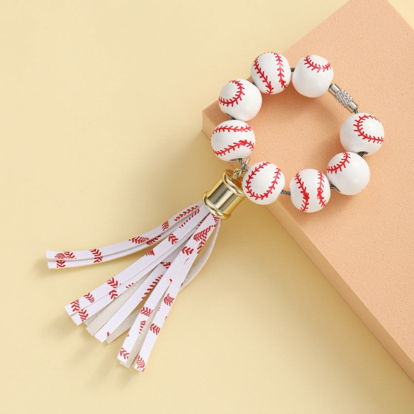 Wholesale Football Wooden Bead Bracelet Wrist Tassel Keychain