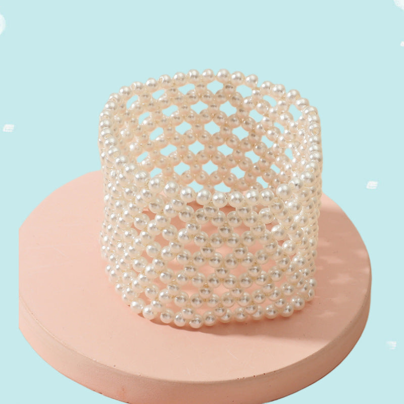 Wholesale Personalized Hollow Out Elastic Pearl Imitation Hand Woven Bracelets