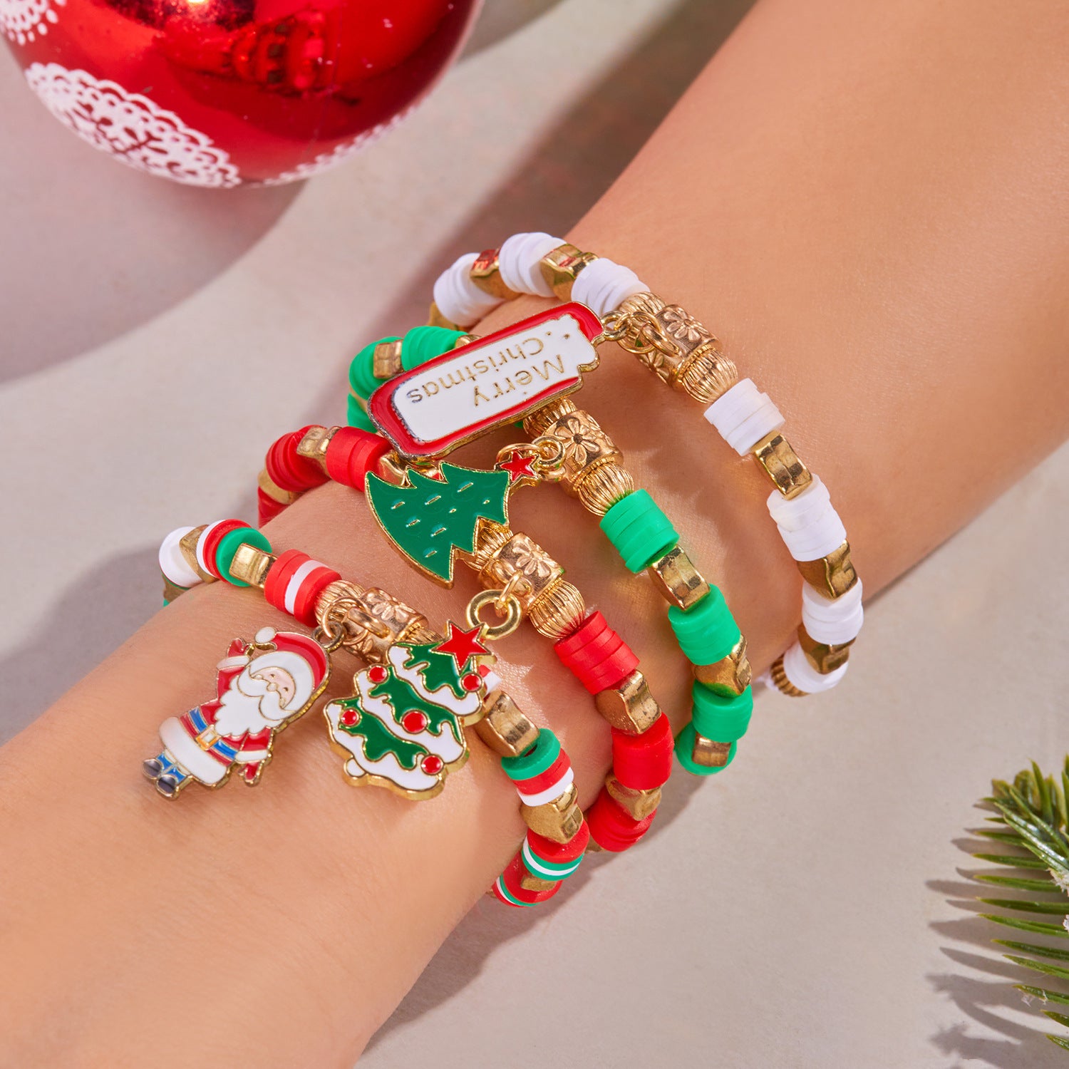 Wholesale Christmas Colorful Acrylic Diamond Snowflake Bell Elastic Beaded Bracelet