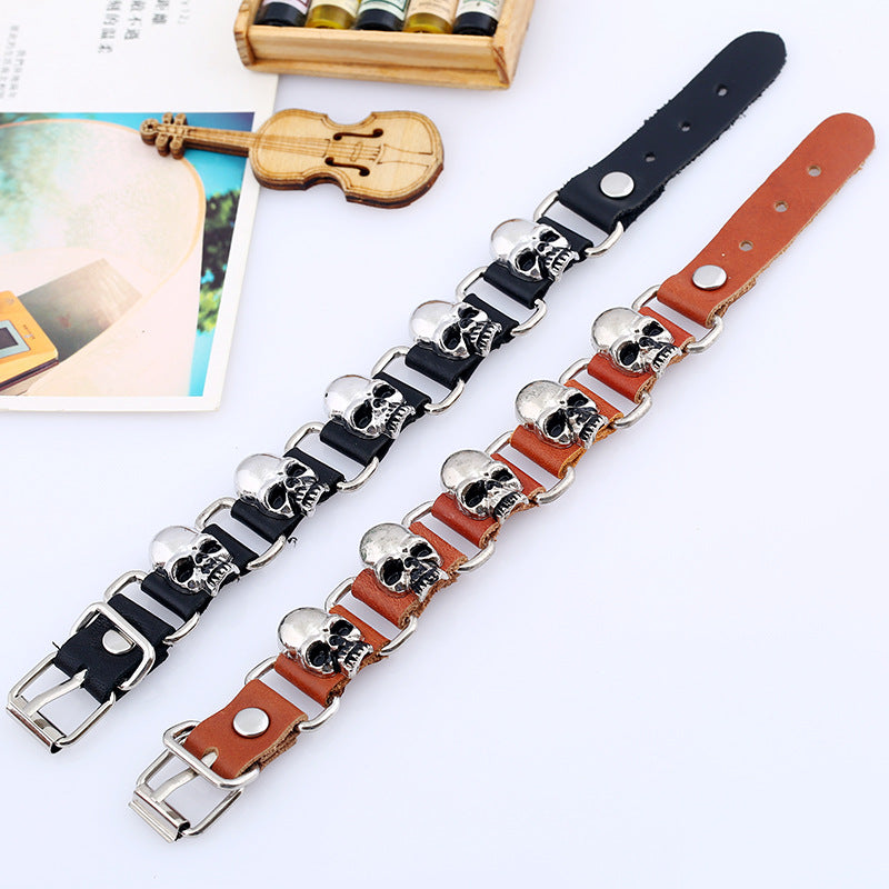 Wholesale Hip Hop Skull Leather Bracelet