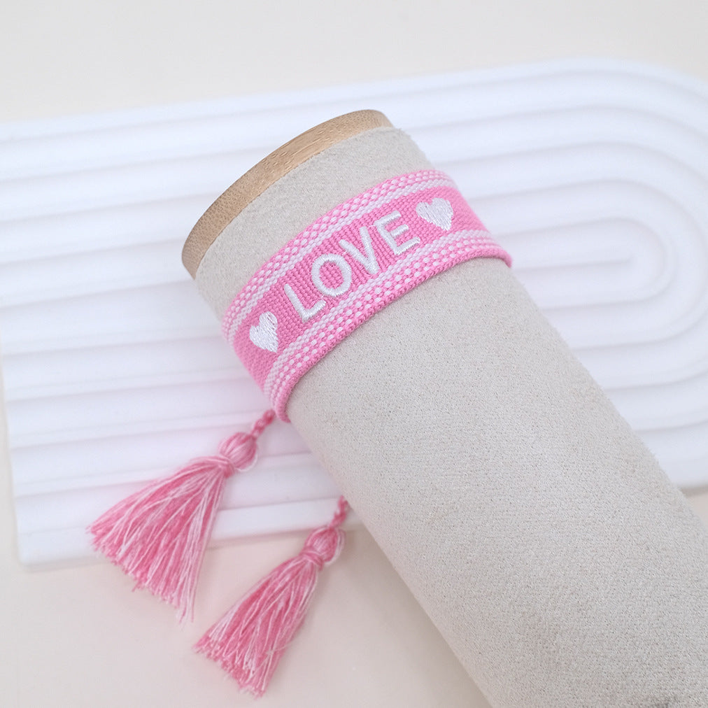 Wholesale Cord Embroiderable Logo Ethnic Style Letter Woven Tassel Bracelet