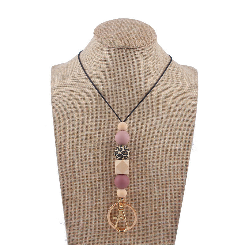 Wholesale Leopard Print Silicone Beaded Lanyard ID Keychain