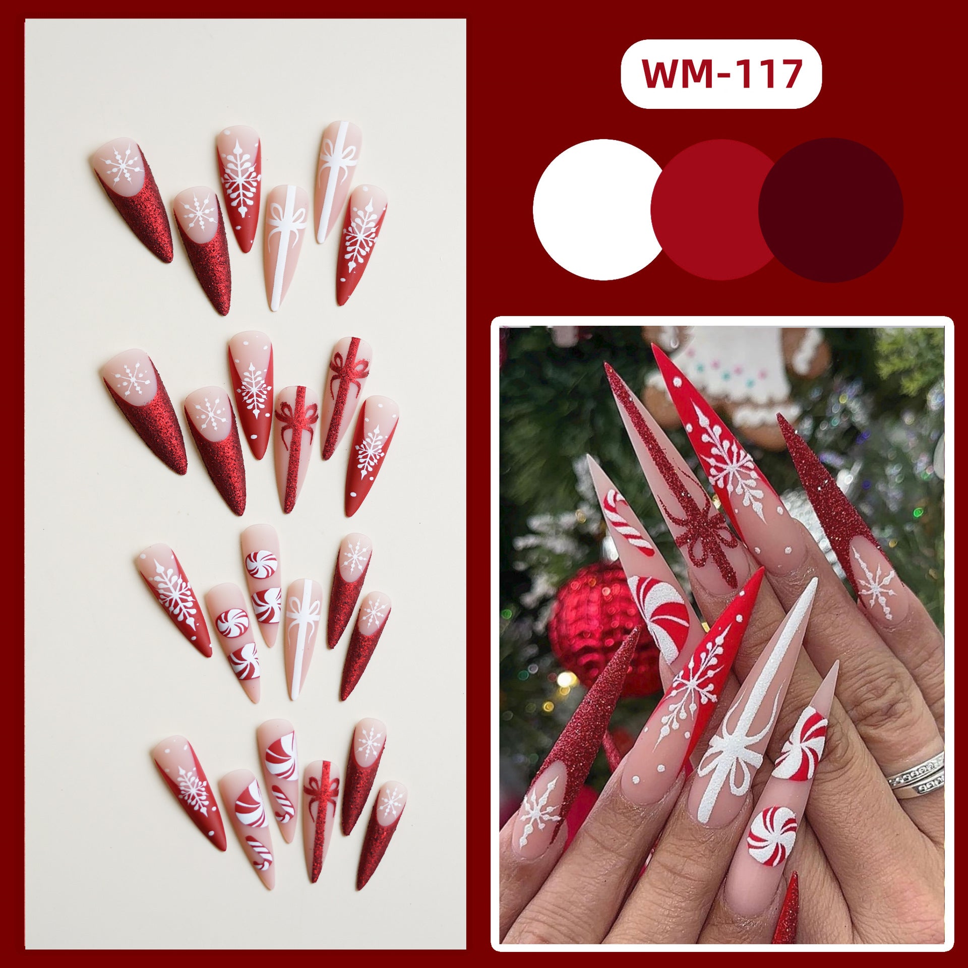 Wholesale Christmas Carol Fake Nails Long Pointed Wearable Nail Tips