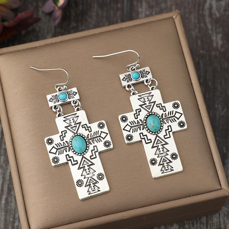 Wholesale Bohemian Retro Cross Inlaid Turquoise Long Alloy Ethnic Style Earrings