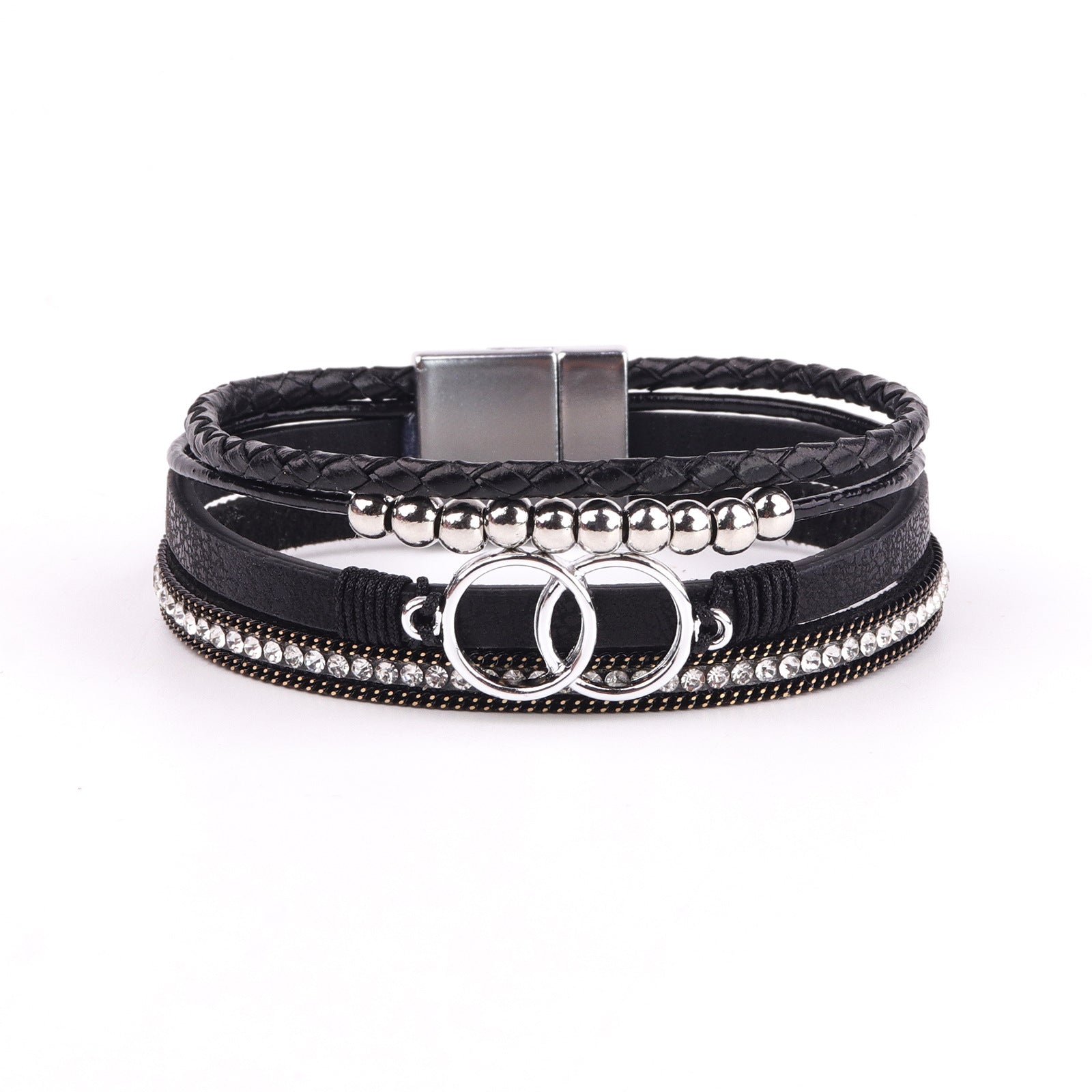 Wholesale Diamond Four Layer Braided Leather Bohemian Bracelet