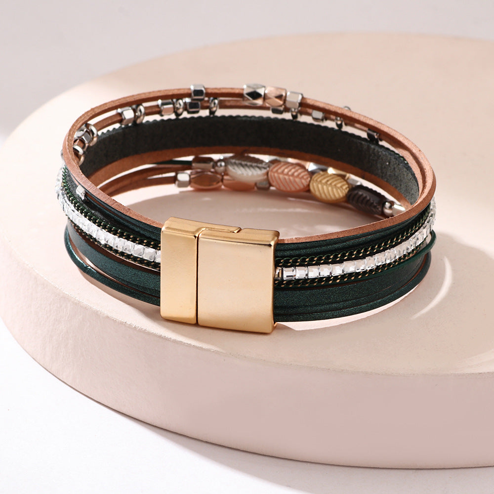 Wholesale Bohemian Leather Braided Tree Leaf Magnetic Clasp Bracelet