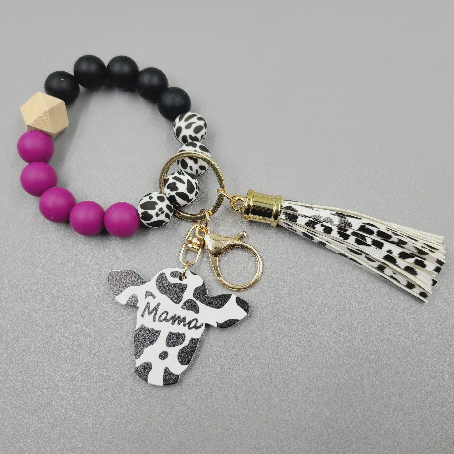 Wholesale Western Style Wood Chips MAMA Bull Head Silicone Beads Bracelet Keychain
