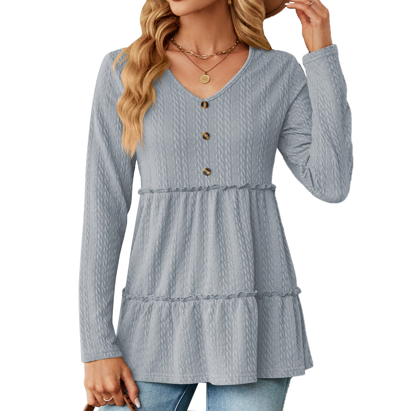 Wholesale Autumn and Winter V-neck Solid Color Button Stitching Long-sleeved Loose Top