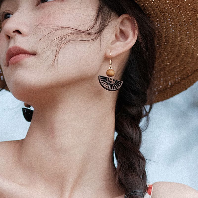Wholesale New Chinese style wooden fan tassel earrings