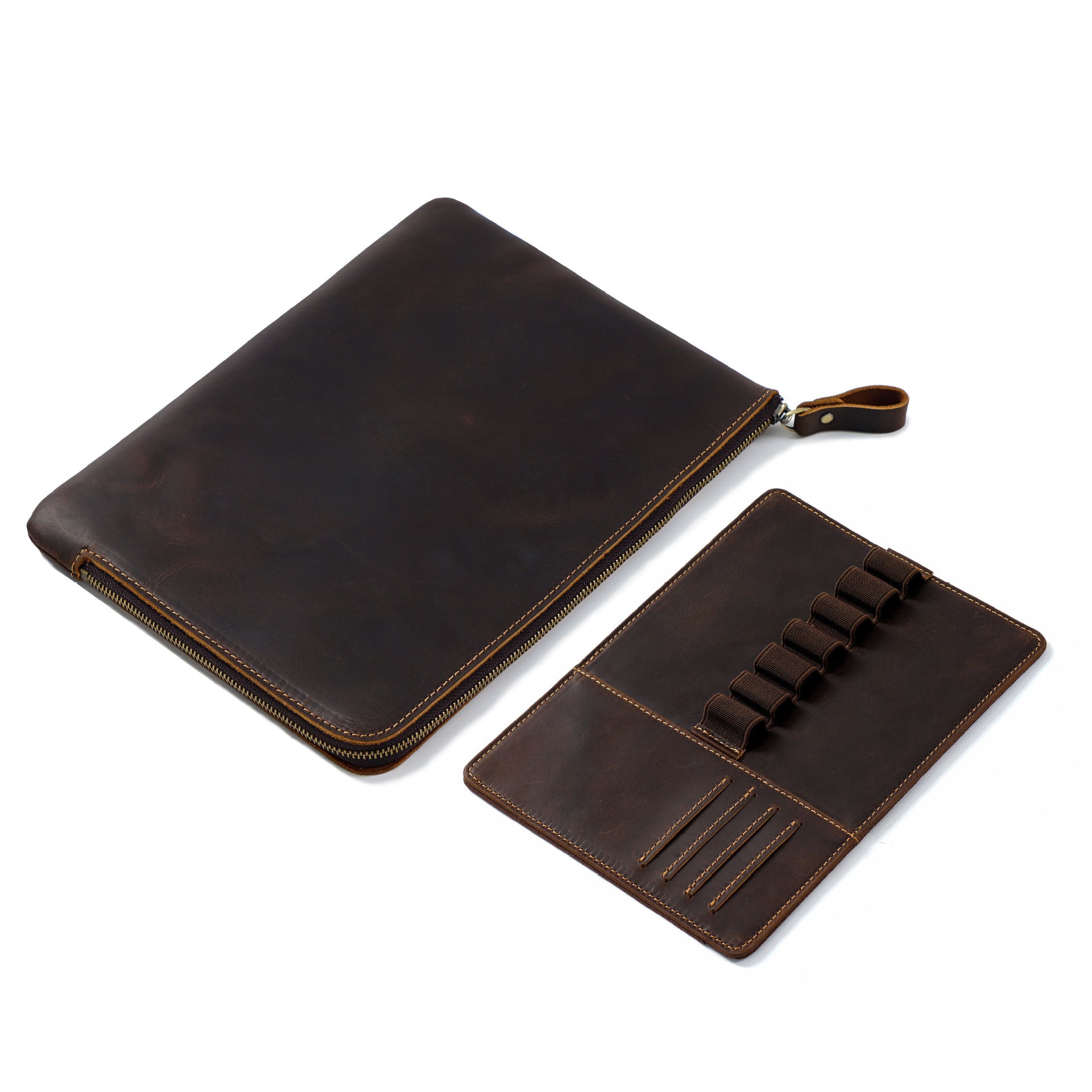 Wholesale Zipper Large Capacity Storage Crazy Horse Leather Pencil Case