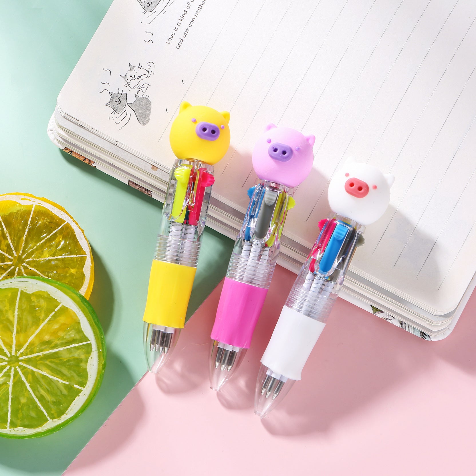 Wholesale Cartoon Cute Head Color Pushing Mini Four Color Plastic Ballpoint Pen