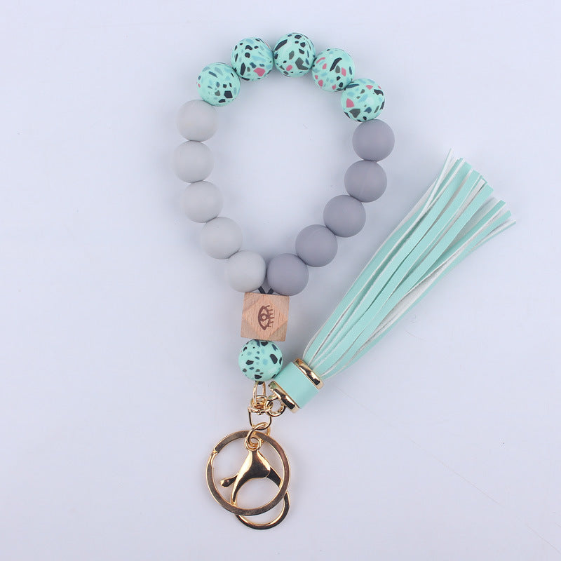 Wholesale Leopard Pattern Silicone Tassel Beaded Wrist Keychain