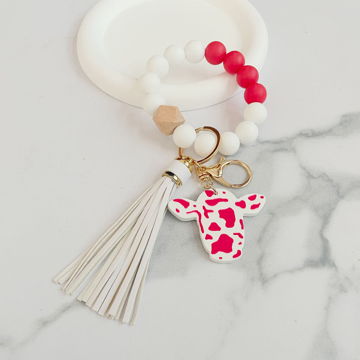 Wholesale Western Style Cow Head Colorful Silicone Beaded Wrist Keychain