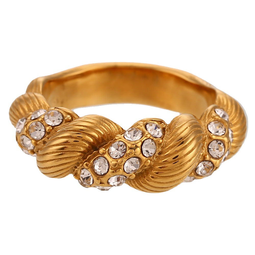 Wholesale Diamond Inlaid Fried Dough Twists Dome Antique Stainless Steel Gold Plated Ring