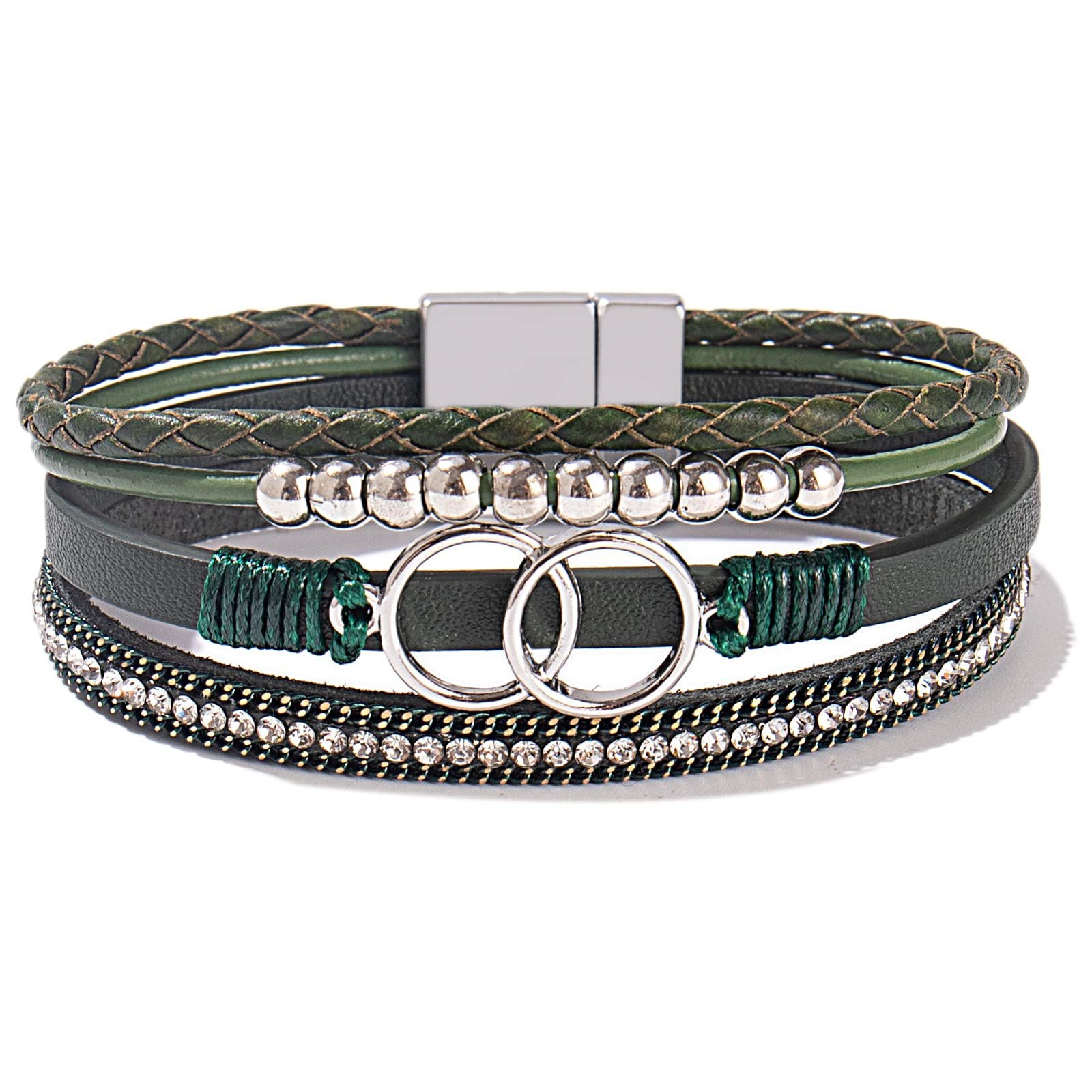 Wholesale Handmade Magnetic Clasp Diamond Encrusted Leather Bracelet